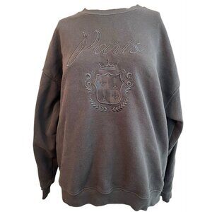 Women's Large Gray Paris Embroidered Sweatshirt Fleece Pullover Eiffel Tower